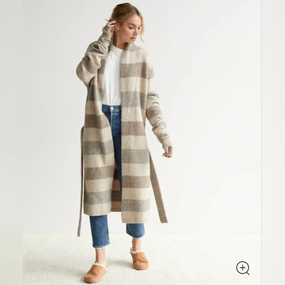 Jenni Kayne Belted Sweater Coat in Oatmeal Stripe, Size Small - Picture 2 of 8